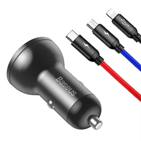 Baseus autolaadija ekraaniga 24W + USB kaabel 3in1 Baseus kolm põhivärvi 1,2m