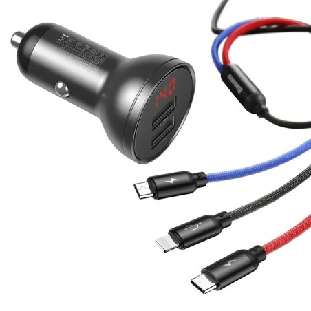 Baseus autolaadija ekraaniga 24W + USB kaabel 3in1 Baseus kolm põhivärvi 1,2m