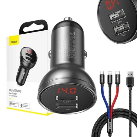 Baseus autolaadija ekraaniga 24W + USB kaabel 3in1 Baseus kolm põhivärvi 1,2m