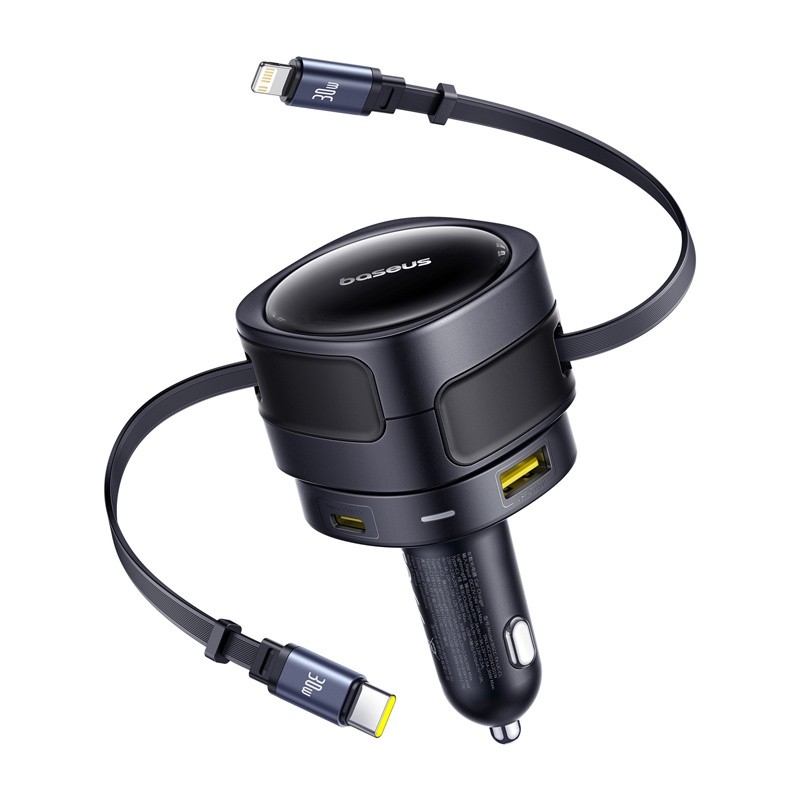 Baseus Enjoyment Max autolaadija USB-C+Lightning kaablite ja USB-A+USB-C portidega 90W must