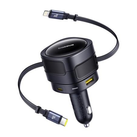 Baseus Enjoyment Max autolaadija USB-C+Lightning kaablite ja USB-A+USB-C portidega 90W must