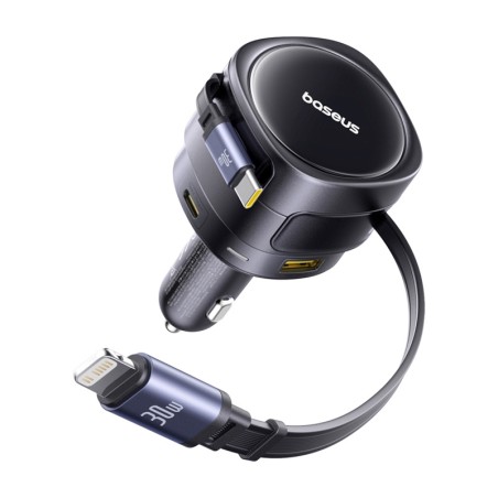 Baseus Enjoyment Max autolaadija USB-C+Lightning kaablite ja USB-A+USB-C portidega 90W must