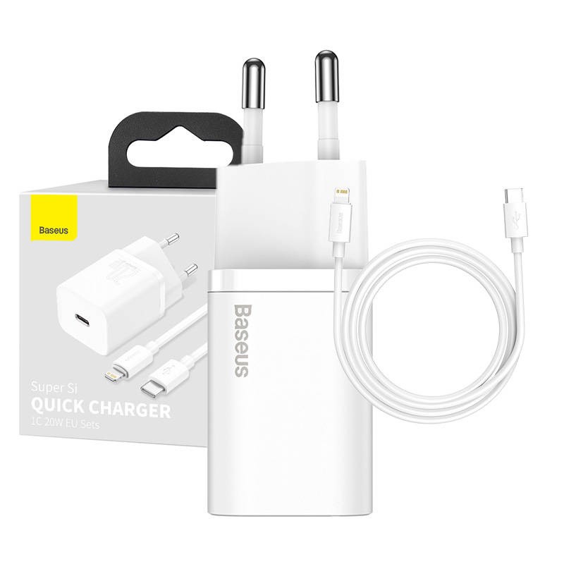Baseus Super Si kiirlaadija 1C 20W USB-C kaabliga Lightning 1 m jaoks (valge)