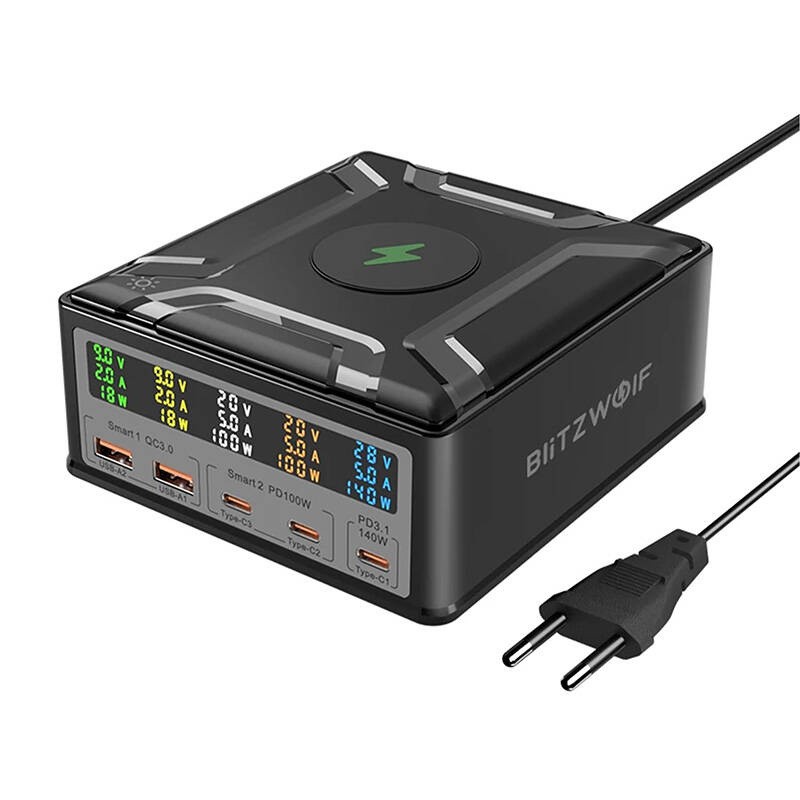 Blitzwolf BW-S28 260W, 2xUSB-A, 3xUSB-C, 15W juhtmeta laadija (must)