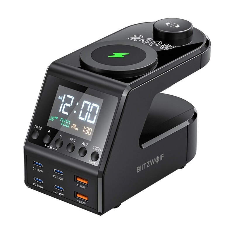 Blitzwolf BW-FW10 äratuskell laadijaga 2xUSB-A, 4xUSB-C, 240W