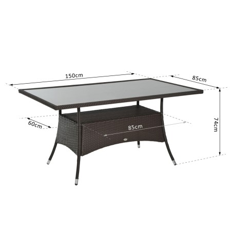 Polürotangist aialaud turvaklaasist lauaplaadiga, pruun/must, 150 × 85 × 74 cm