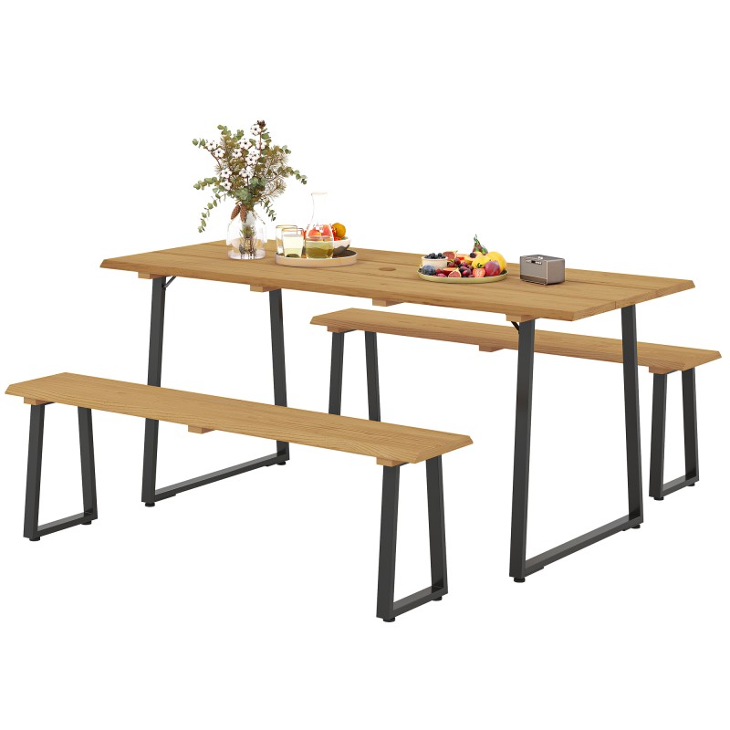 3-osaline puidust söögikomplekt 6 inimesele, laud ja 2 pinki, 178 × 76 × 77 cm