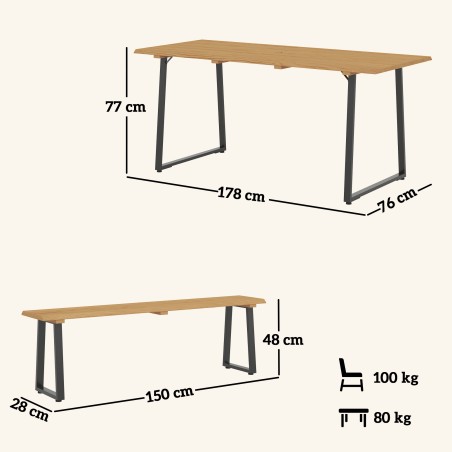 3-osaline puidust söögikomplekt 6 inimesele, laud ja 2 pinki, 178 × 76 × 77 cm