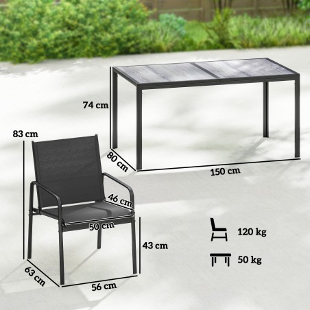Aiamööblikomplekt 150 × 80 cm laua ja 6 tooliga, must