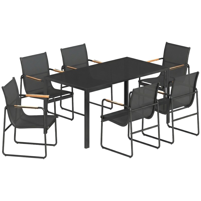 Must aiamööbli komplekt klaaslaua ja 6 dekoratiivsete käetugedega tooliga, 150 × 80 cm