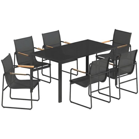 Must aiamööbli komplekt klaaslaua ja 6 dekoratiivsete käetugedega tooliga, 150 × 80 cm