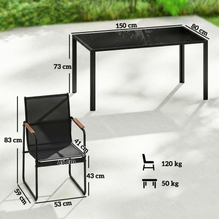 Must aiamööbli komplekt klaaslaua ja 6 dekoratiivsete käetugedega tooliga, 150 × 80 cm