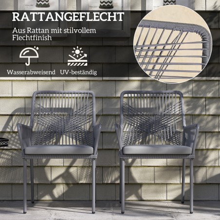 2 aiatooli pestavate patjade ja käetugedega, terasest ja rotangist, tumehall