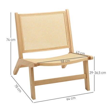 Rotangist lugemistool puitraami ja laia istmega, naturaalne, 64 × 70 × 74 cm