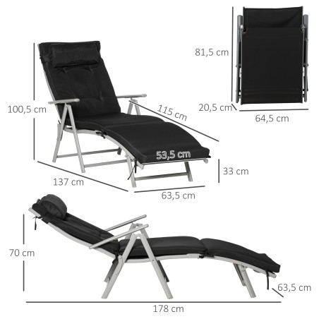Kokkupandav lamamistool 7-asendilise seljatoe ja patjadega, must, 165 kg