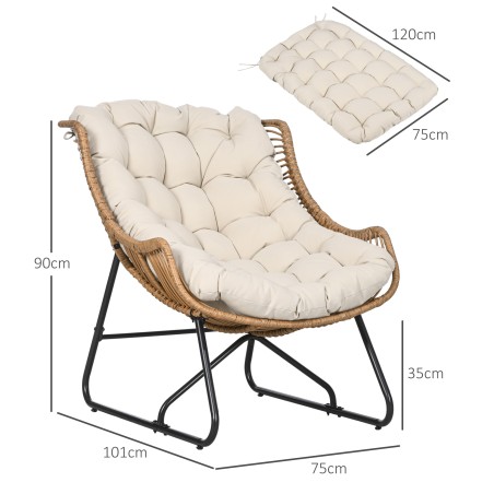 Rotangiefektiga väli-tugitool, padja ja metallraamiga, naturaalne, khaki ja must