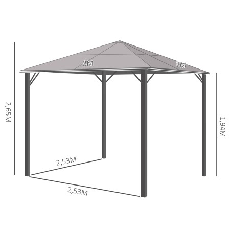 Aiapaviljon polükarbonaatkatuse ja sääsevõrguga kardinatega, 3 × 3 m