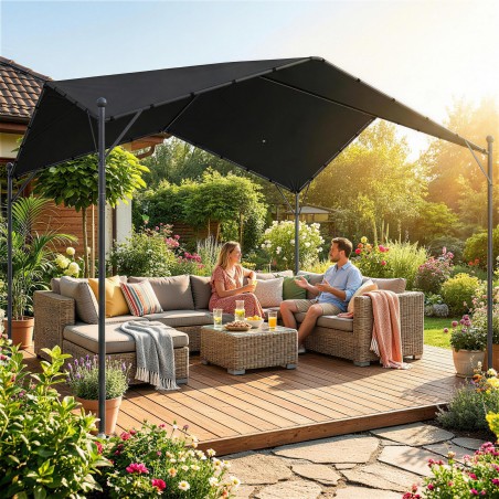 Vihmakindel pergola 3 × 3 m viilkatuse ja kolmnurksete tugedega
