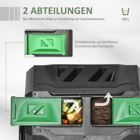 Kahekambriline pööratav komposter, 160 l, roheline-must