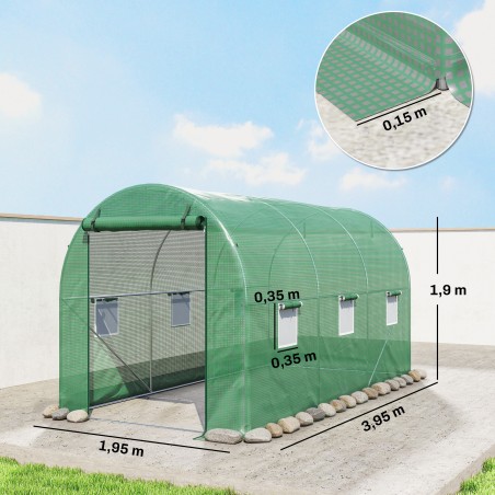 Ümarkaarega kasvuhoone, 6 võrguakent, kile, metallraam, 3,95 × 1,95 × 1,90 m, roheline