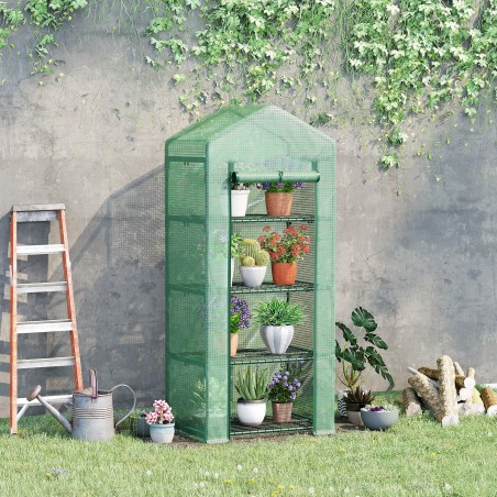 Kilega minikasvuhoone 4 riiuliga, tumeroheline, 70 × 50 × 160 cm
