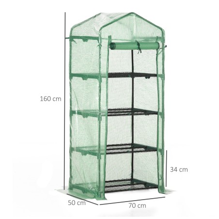 Kilega minikasvuhoone 4 riiuliga, tumeroheline, 70 × 50 × 160 cm