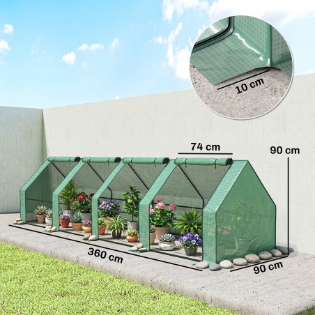 Terasest kilekasvuhoone tõmblukuga aknaga, 360 × 90 × 90 cm, roheline