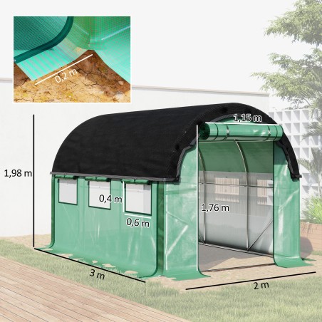 Tunnelkasvuhoone päikesekaitsevõrgu ja rullitavate külgseintega, 3 × 2 × 2 m