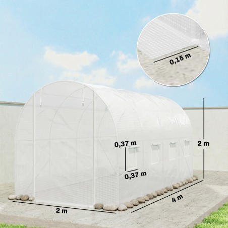 Kasvuhoonekile 4 × 2 m, ukse ja 8 aknaga, UV-kindel polüetüleen, valge