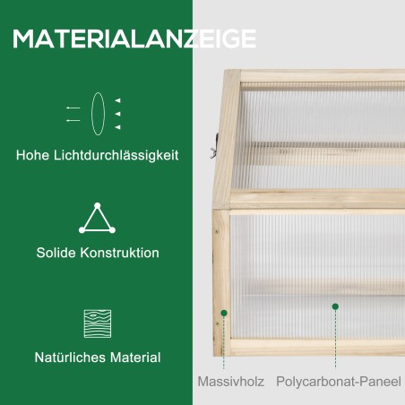 Puidust minikasvuhoone polükarbonaatpaneelide ja ventilatsiooniavaga, 90 × 52 × 49,5 cm