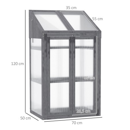 Puitraamiga minikasvuhoone akna, topeltukse ja 3 riiuliga, hall 70 × 50 × 120 cm