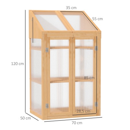 Puitraamiga minikasvuhoone akna, topeltukse ja 3 riiuliga, pruun 70 × 50 × 120 cm