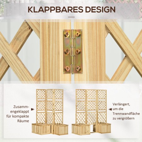 Kolmeosaline kokkupandav aia varjav sein 4 lillekastiga, täispuit, 133 × 62 × 165 cm