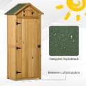 Puidust aiakapp riiulite, akna ja asfaltkatusega, kollane-roheline