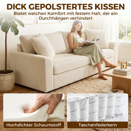 3-kohaline velvetdiivan dekoratiivpatjadega, 212 cm, kreemvalge
