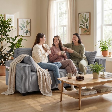 3-kohaline diivan 218 cm, velveti, taskuvedrustuse ja 2 padjaga, helehall