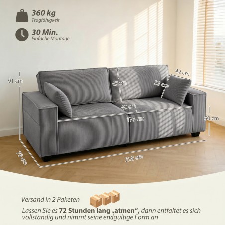 3-kohaline diivan 218 cm, velveti, taskuvedrustuse ja 2 padjaga, helehall