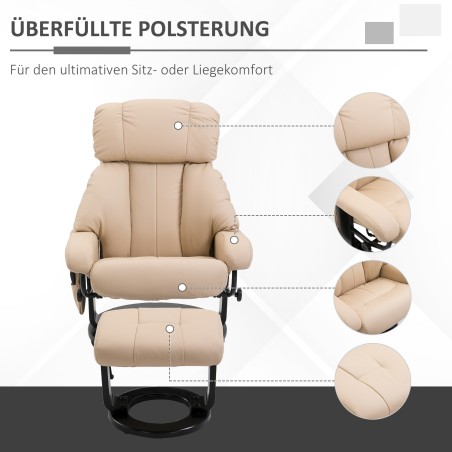 Pööratav massaažitool taburetiga, lamamisfunktsiooni ja küljetaskuga, kreemvalge