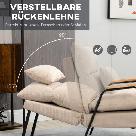 Polsterdatud lamamisfunktsiooniga tugitool koos tumbaga, 68 × 91,5 × 88 cm, beež