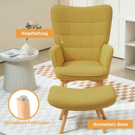 Kunstsametise kattega tugitool ja taburet, oranž