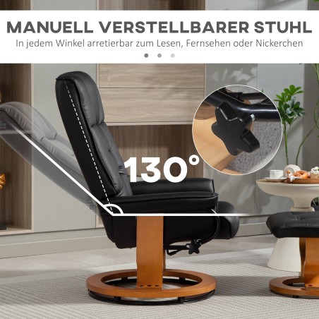 Pööratav ja kallutatav lõõgastustool taburetiga, kunstnahast, must