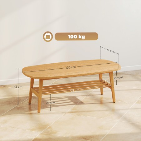 Diivanilaud riiuliga, naturaalpuidust, 120 × 60 × 42 cm