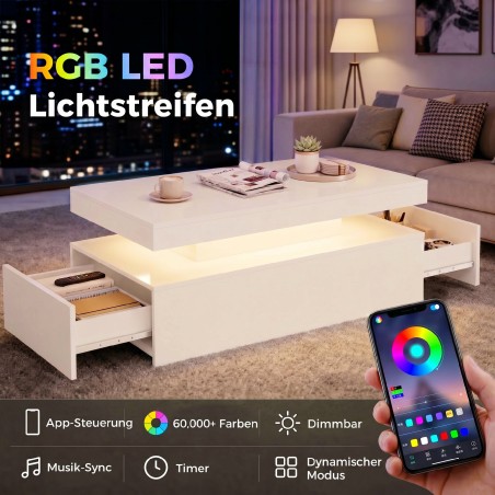 LED-kohvilaud panipaiga ja 2 sahtliga, kõrgläikega valge