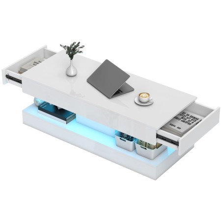 Diivanilaud sahtlite, LED-valgustuse ja avatud riiuliga, puitlaastplaat, valge