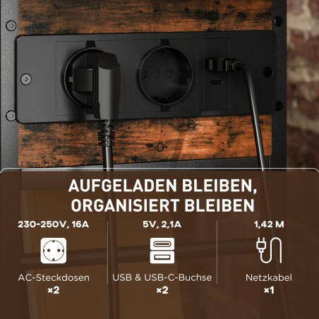 Külglaud USB-pesade ja pistikupesadega, 2 tasandit, 60 × 29,8 × 58,5 cm, pruun