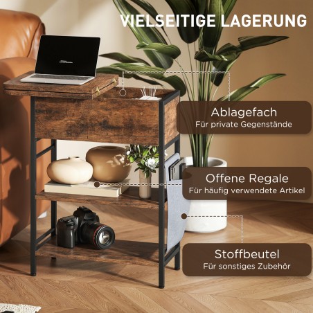Külglaud USB-pesade ja pistikupesadega, 2 tasandit, 60 × 29,8 × 58,5 cm, pruun