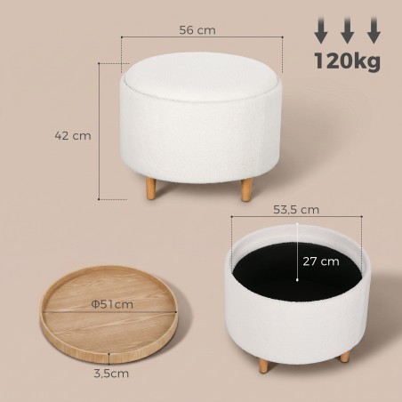 Teddy-fliisiga polsterdatud hoiuruumiga tumb, 56 × 56 × 42 cm, valge