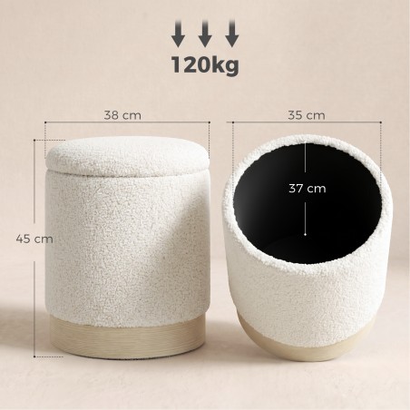 38 cm ümar hoiuruumiga taburet Sherpa-katte ja puiduefektiga metalljalaga, kreemvalge