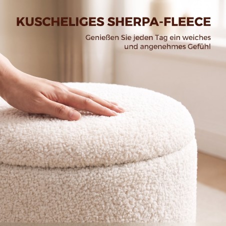 38 cm ümar hoiuruumiga taburet Sherpa-katte ja puiduefektiga metalljalaga, kreemvalge
