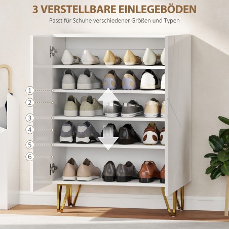 Valge 2 uksega kingakapp 3 reguleeritava riiuliga, 72 × 31,5 × 95 cm